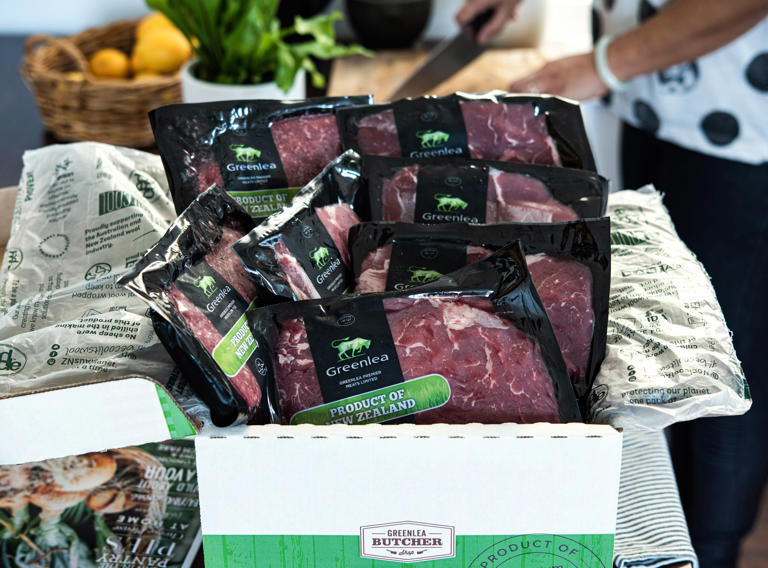 Box of grass fed beef from the Greenlea Butcher Shop on a counter top